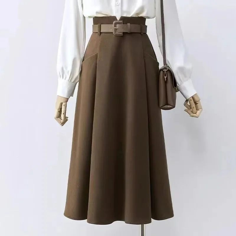 Autumn Women Fashion Thick Solid Color Long Skirt French Ladies High Waist Maxi Skirt Winter Female Mid Length Woolen Skirts
