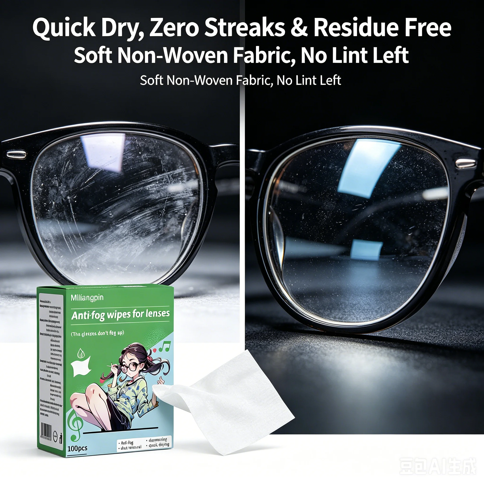 Anti-fog and Dust-proof Cleaning Wipes for Glasses, Scratch-free, Individually Wrapped for Easy Carrying and Storage.
