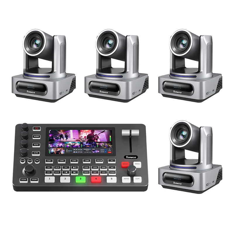 Tenveo 2025 New Conference System 20x USB HDMI SDI LAN NDI POE 4K AI Camera And 4*HDMI 4* SDI Inputs Video Mixer Switcher