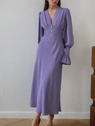 2024 Spring Summer Mew V-Neck Solid Color Elegant Dress Lantern Long Sleeve High Waist Slim Fit Chic Pearl Button Long Dress