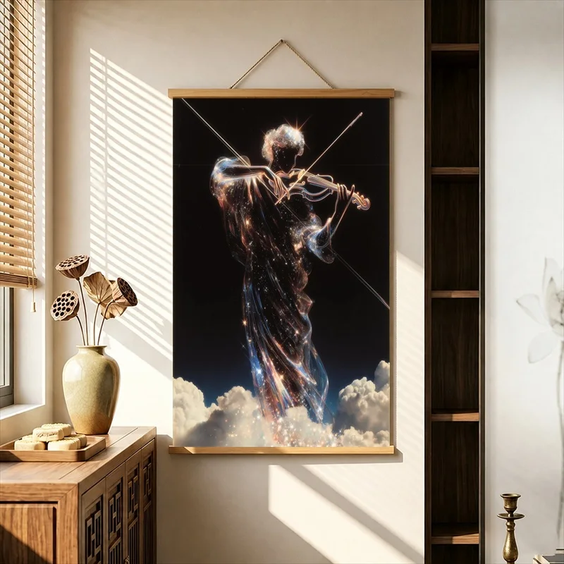 Cool Stuff for Room Celestial Knights beneath Golden Star Trails, Pearlescent Canvas Hanging Scroll for Aesthetic Bedroom Decor