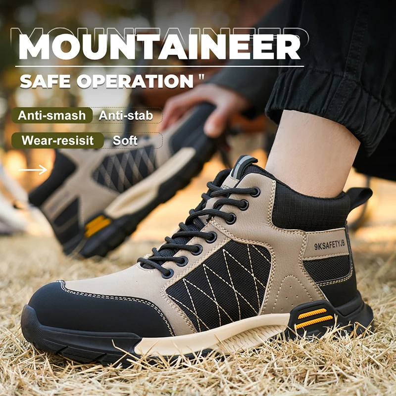 Men's lightweight anti slip cowhide sole safety shoes with anti smashing and anti piercing steel toe caps for work.