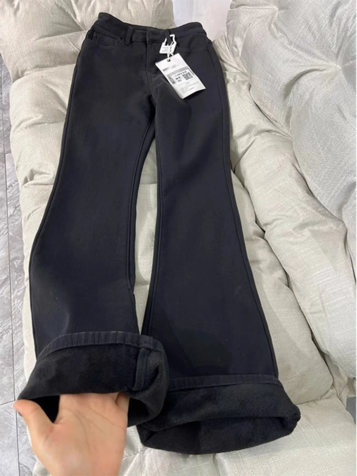 

High Waist Fce Lined Micro Flared Denim Jeans Women's plus Size Autumn Bla Thiened Stand Fit Zipper Closure