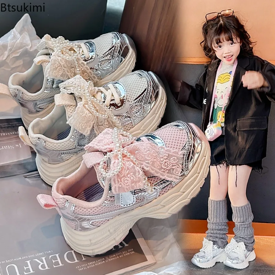 Baby Hot Sale Spring/Autumn Fashion Breathable Thick Sole Bow Beaded Sport Shoes Soft Walking Sports Casual Children Dad Shoes