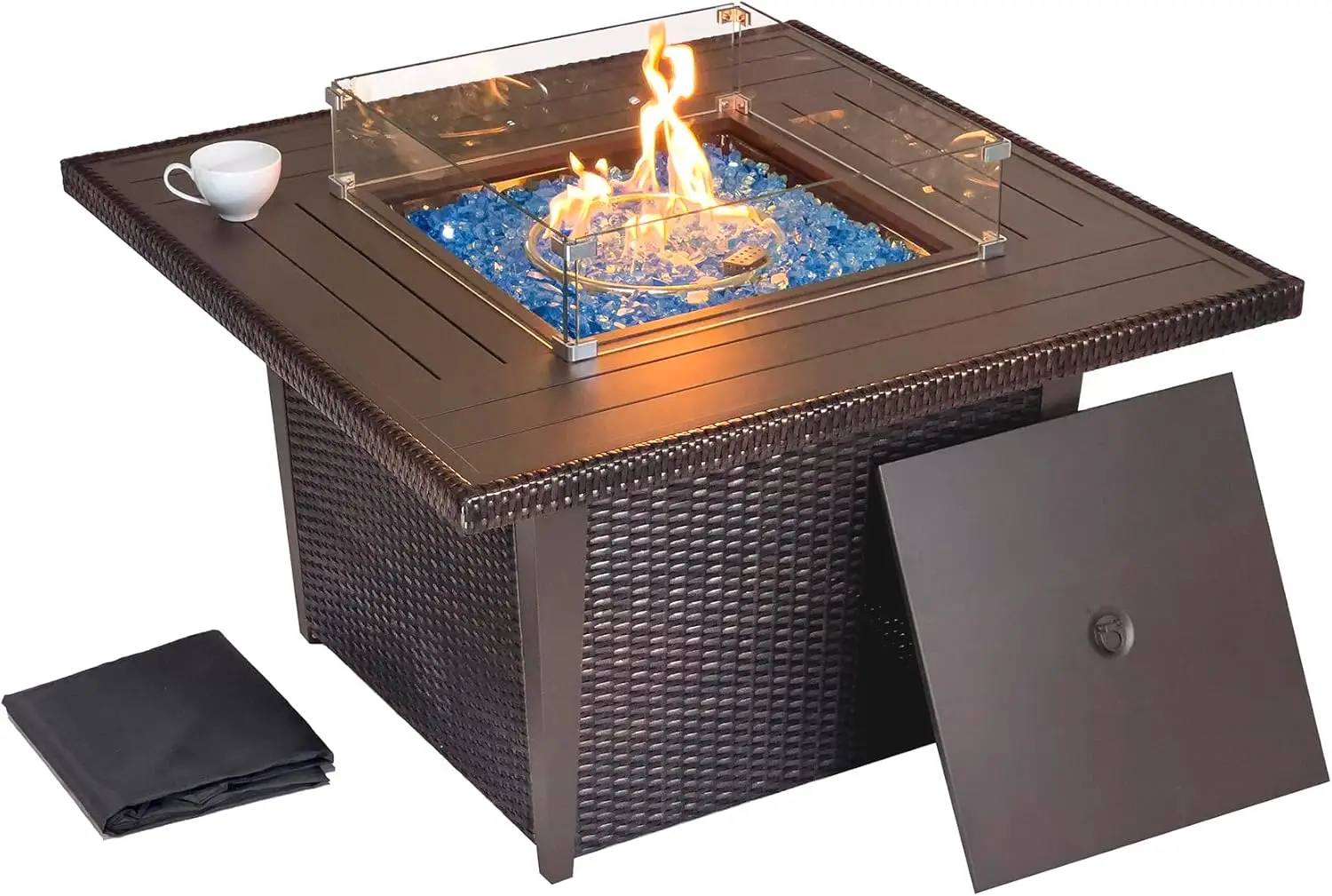 Kinger Home Ethan Rattan 42-Inch Propane Gas Fire Pit Table, Outdoor Patio Firepit, 50,000 BTU, CSA Certified, Includes Wind