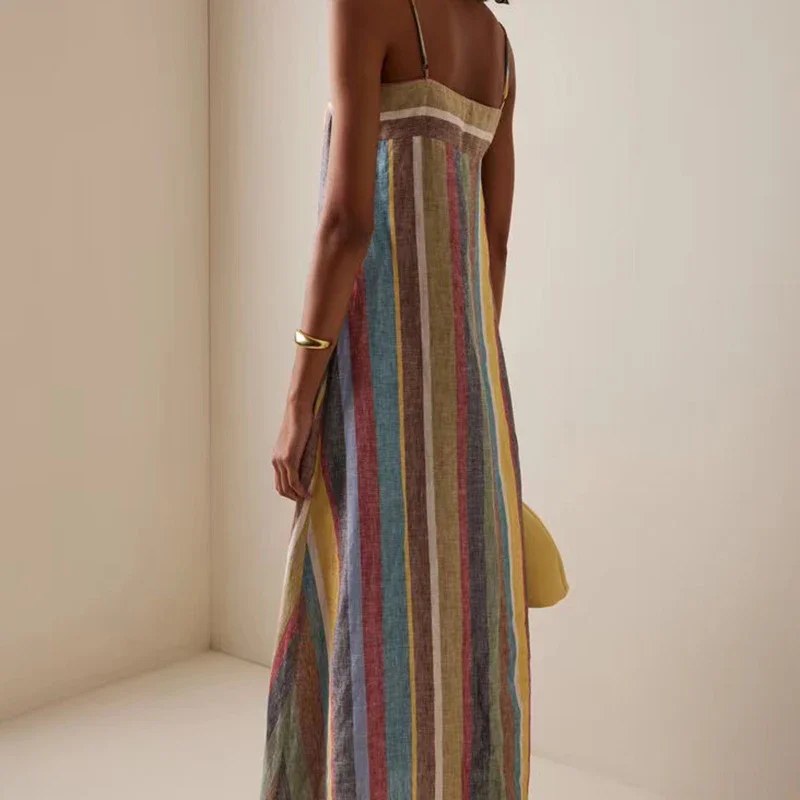 ファッショナブルな女性のためのセクシーなストラップ付きバックレスボヘミアンロングドレス、夏の新作スラッシュネックミディ丈サンドレス、カジュアルなストライププリントマキシドレス