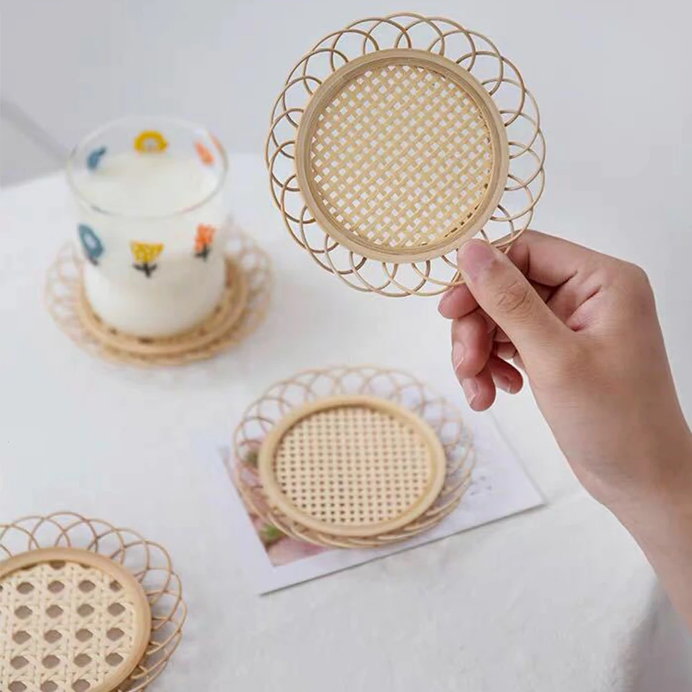 1x Small/Big Hole Bamboo Handmade Rattan Coaster+Lace Round Natural Tea Cup Placemat For Home Desk Office Padding Kitchen Decor