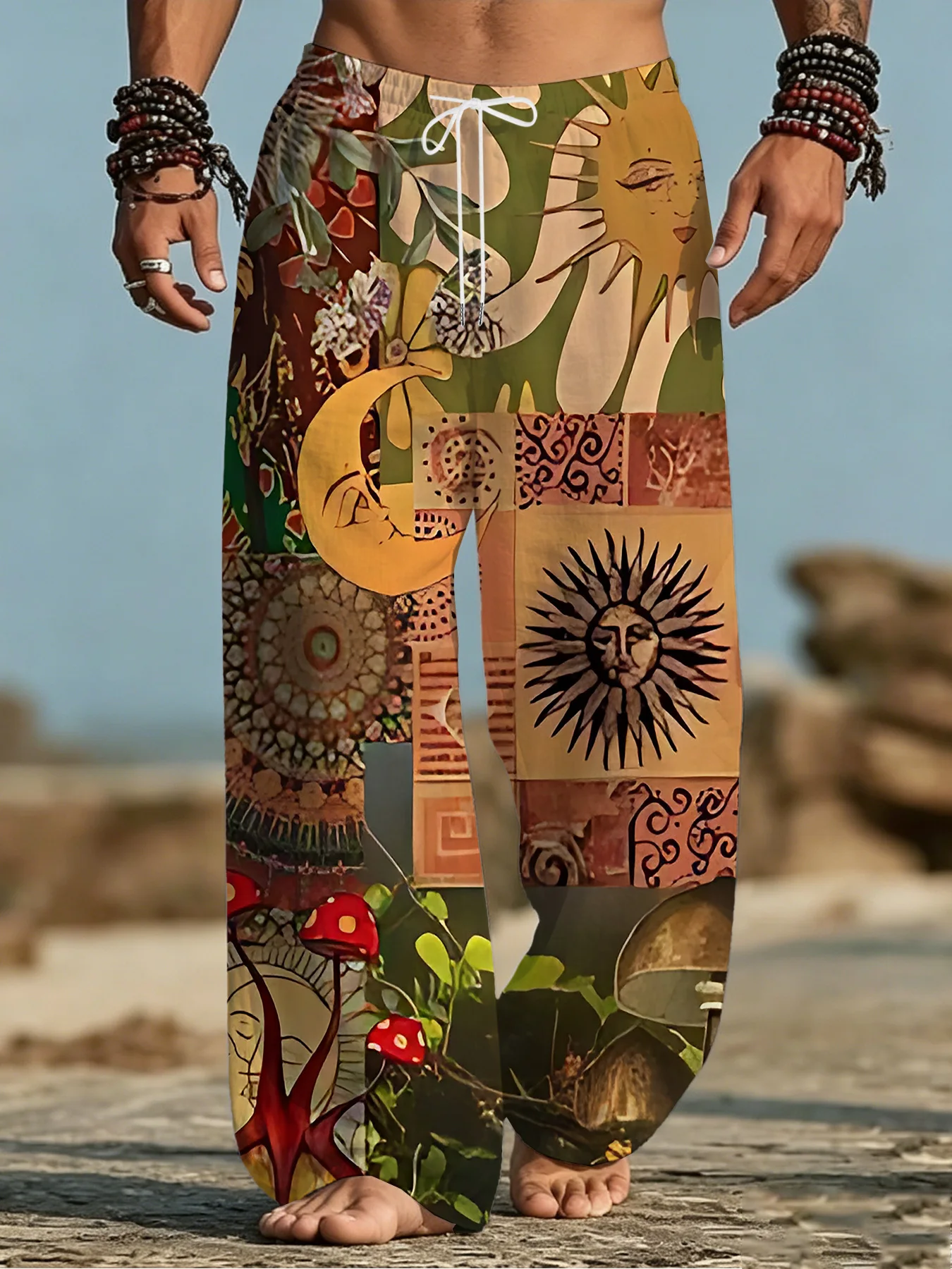 Neuheiten: Unisex-Jogginghose mit antikem Tribal-Höhlenmuster, gerade geschnittene Freizeithose für Strand, Hippie-Festival und Alltag. – Detail 10