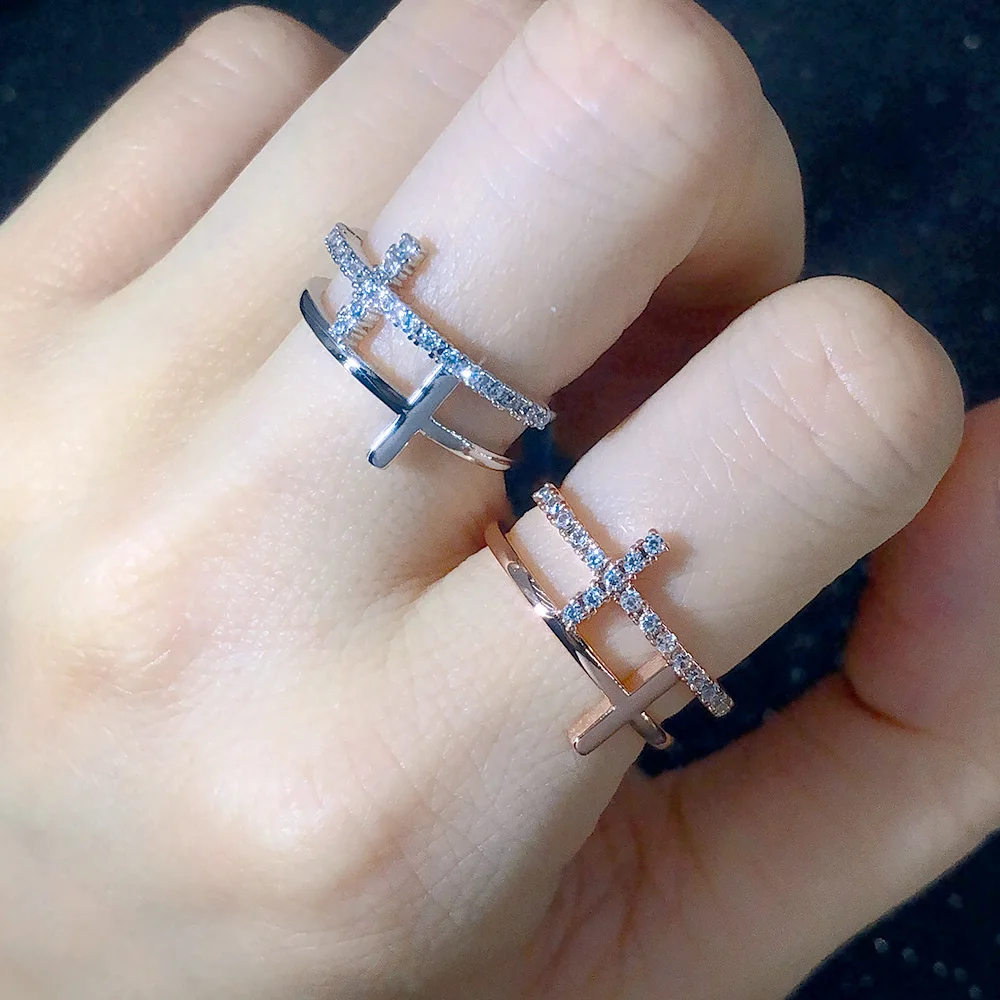 Double Cross Delicate Chic Rings Rose Gold Color Mirco Zircon Fashionable All Size Finger Ring Trendy Couple Dating Jewelry