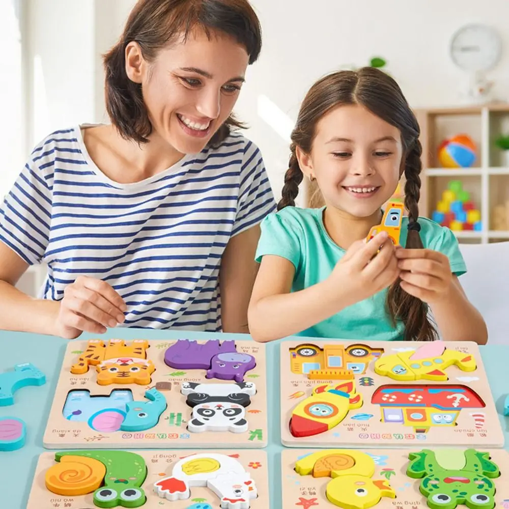 Matching Wooden 3D Puzzles Pattern Cognitive Interactive 4 in 1 Puzzle Board Montessori Challenges Animal Traffic Jigsaw