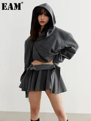 [EAM] Dark Gray Zipper Irregular Short Big Size Jacket New Hooded Long Sleeve Women Coat Fashion Tide Spring Autumn 2024 1DH7219