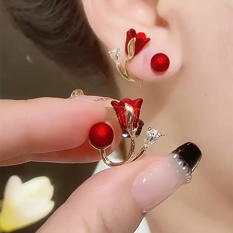 Korean Red Rose Stud Earring Fashion Imitation Pearl Flower Earrings for Woman Party Jewelry Christmas Gift New Arrivals