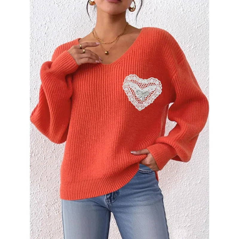 秋と冬のセーター レディース Vネックセーター レース象嵌 ブリックボウとインターフェースバッグ付きプルオーバートップ