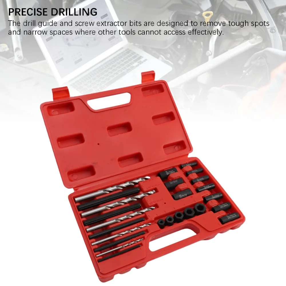 25PCS Red Plastic Storage Case Screw Extractor Set Heavy Duty Universal Screw Extractor Drill Guide Set Broken Bolt Removal Tool
