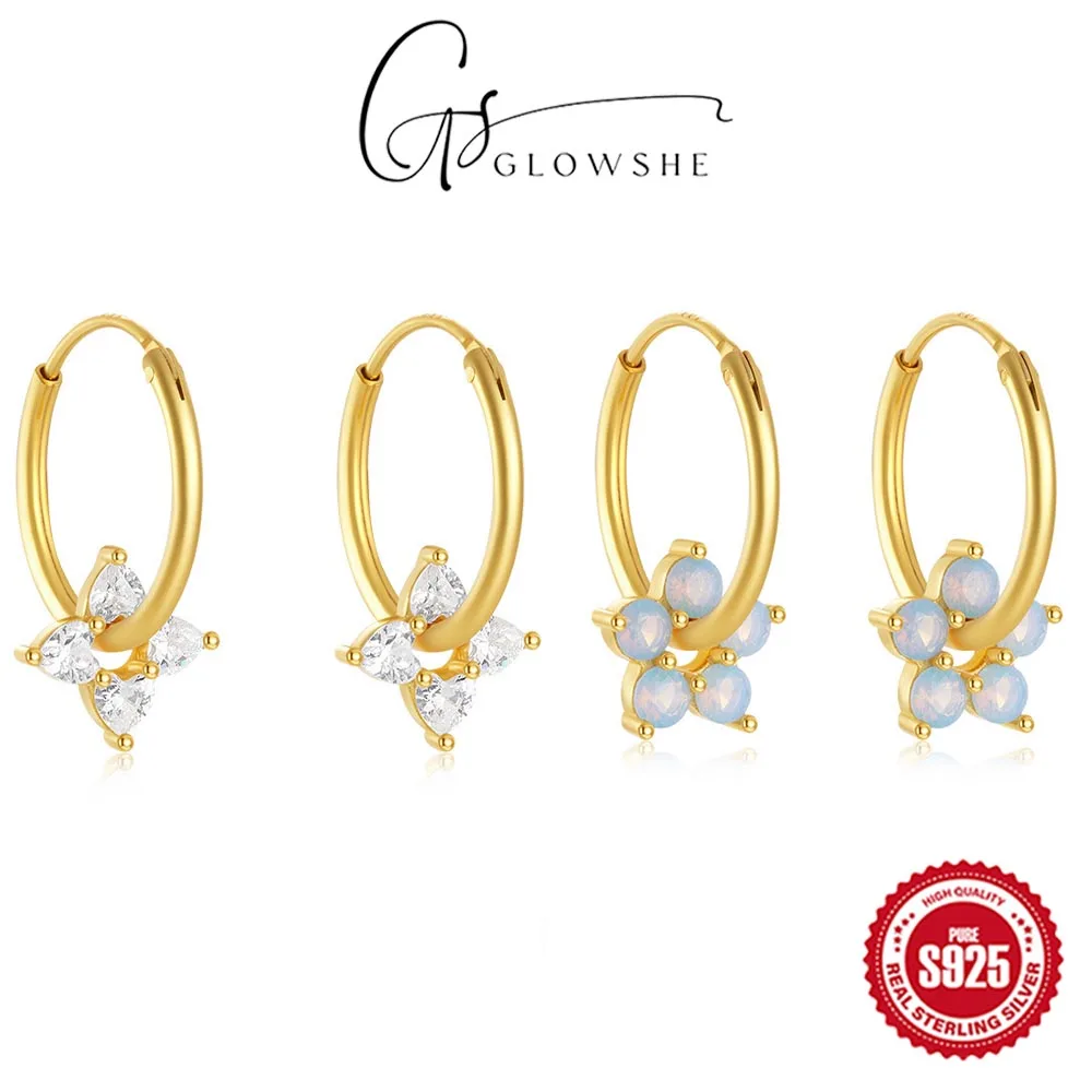 

Glowshe 925 Sterling Silver Zircon Opal Flower Hoop Earrings Birthday Party Designer Fine Jewelry Women's Elegant Jewelry Gift