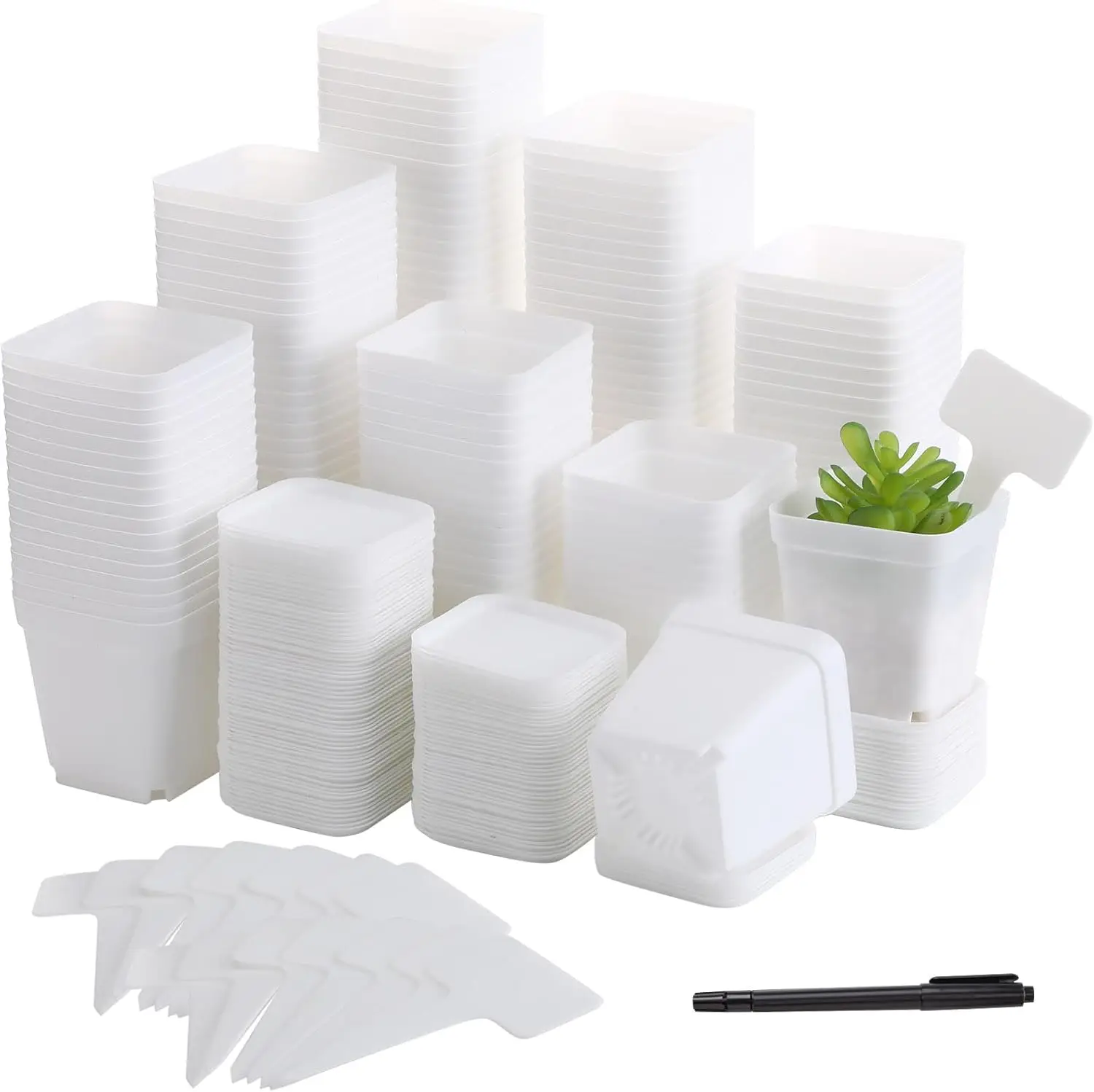 

140 Pcs 3 Inch Plastic Plant Pots Square Seedling Nursery Pots Reusable Small Plant Pots with Saucers 140 Pcs Waterproof
