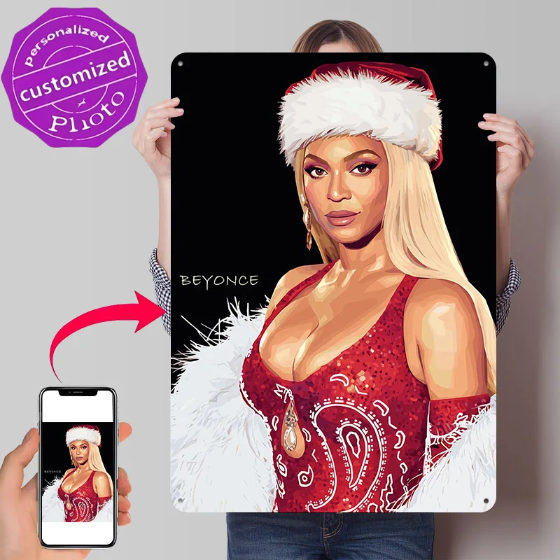 Beyonce Christmas Portrait Personalized 3D Textured Metal Poster Wall Art Vintage Tin Signs for Living Room Decoration Items