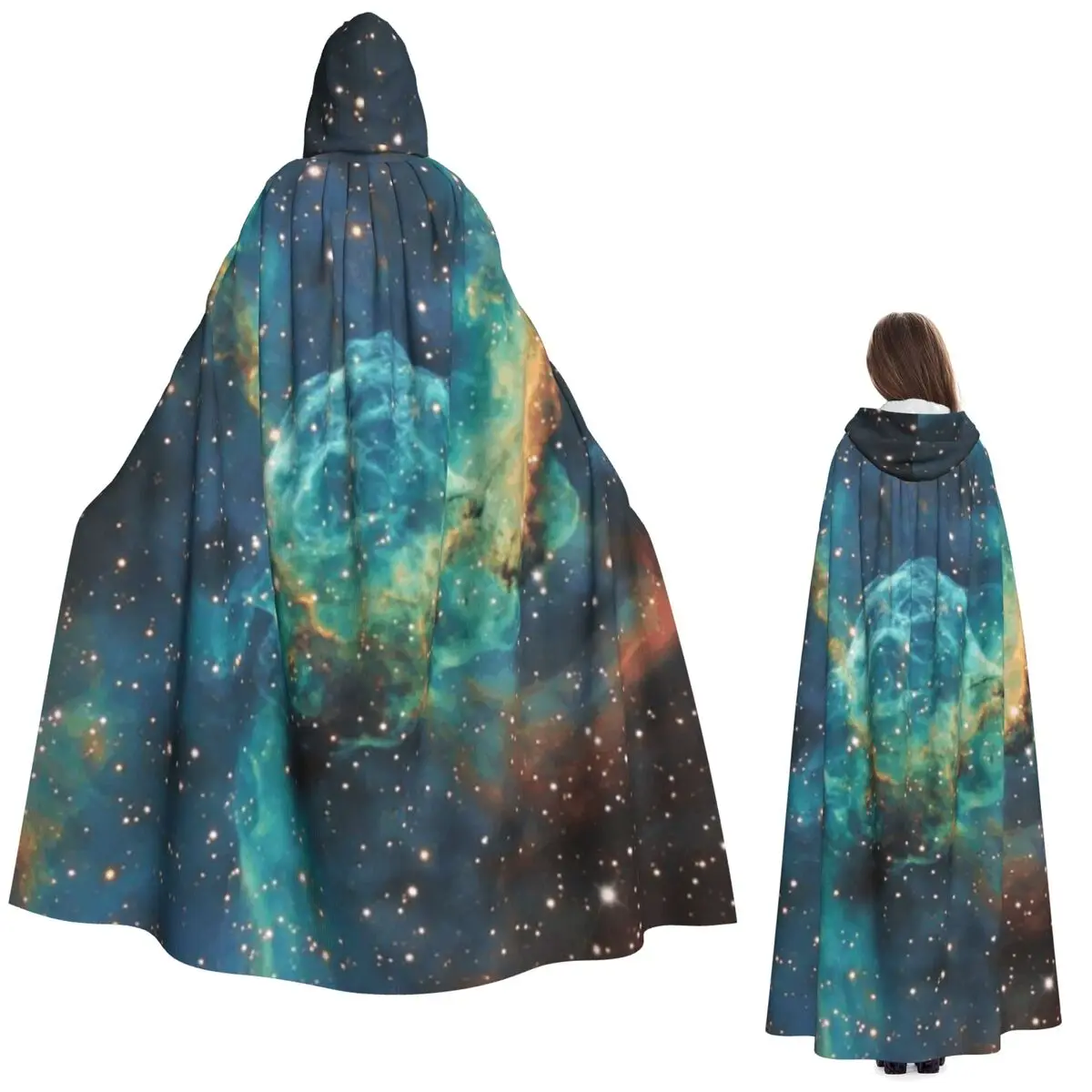 Constelación estrella racimos galaxias estampado Halloween capa larga con capucha bruja disfraz Medieval Cosplay capa Halloween abrigo Unisex