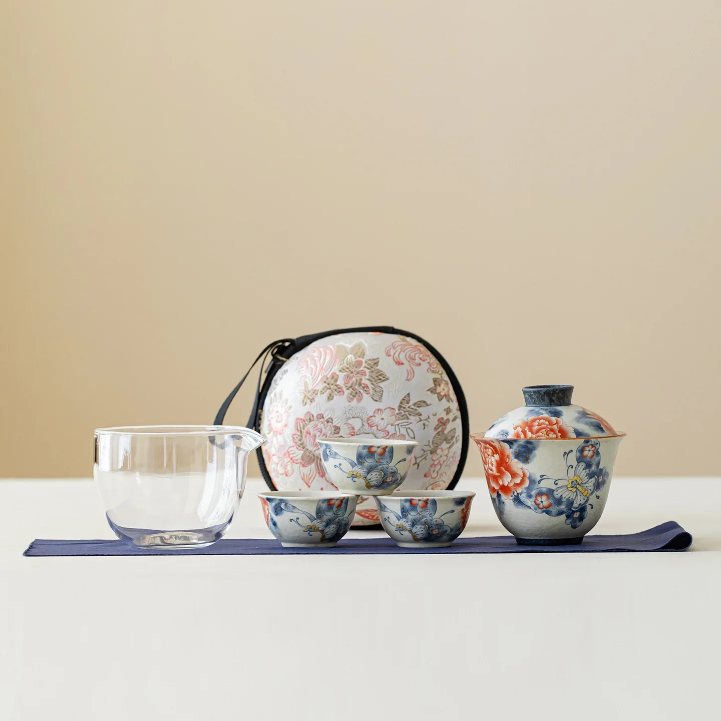 Colorful Designer Gift Dielian Peony Caramel Glaze One Bowl Three Cups Quick Cup Outdoor Camping Ceramic Travel Tea Set Portable