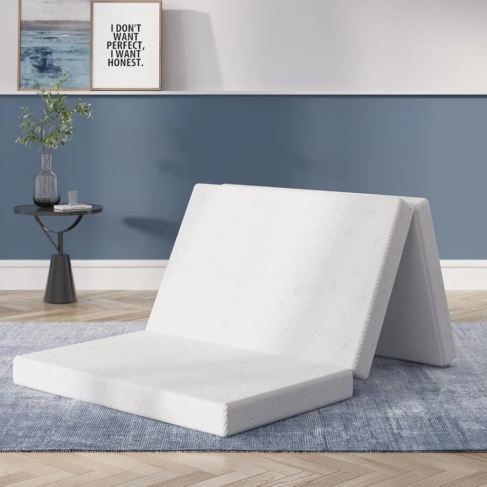 مرتبة إسفنجية الذاكرة ثلاثية الطي مقاس 4 بوصات، غطاء سرير محمول بحجم كوين مع غطاء قابل للتنفس وقابل للغسل، مثالية لغرفة الضيوف #1