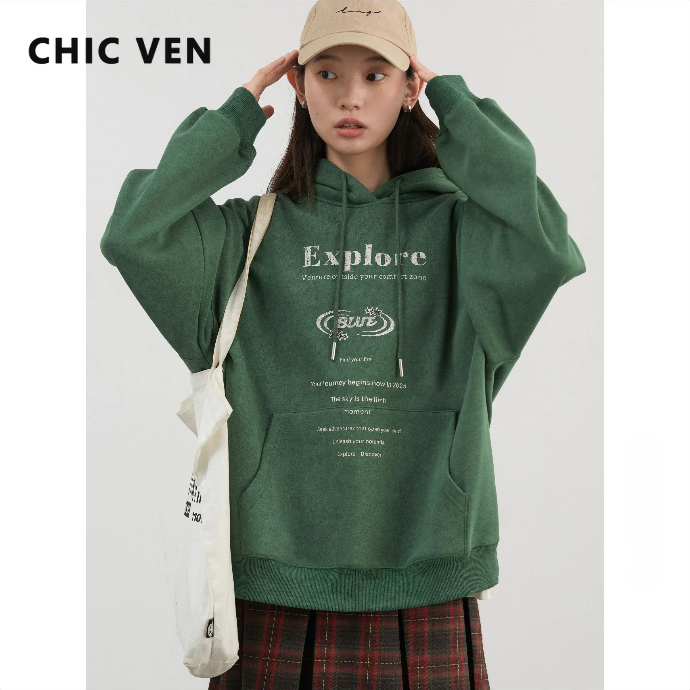 CHIC VEN Vrouwen Sweatshirts Losse Casual Sport Nieuwe Vintage Gedrukt Hoodie Pluche Vrouwelijke Top Trui Herfst Winter 2024