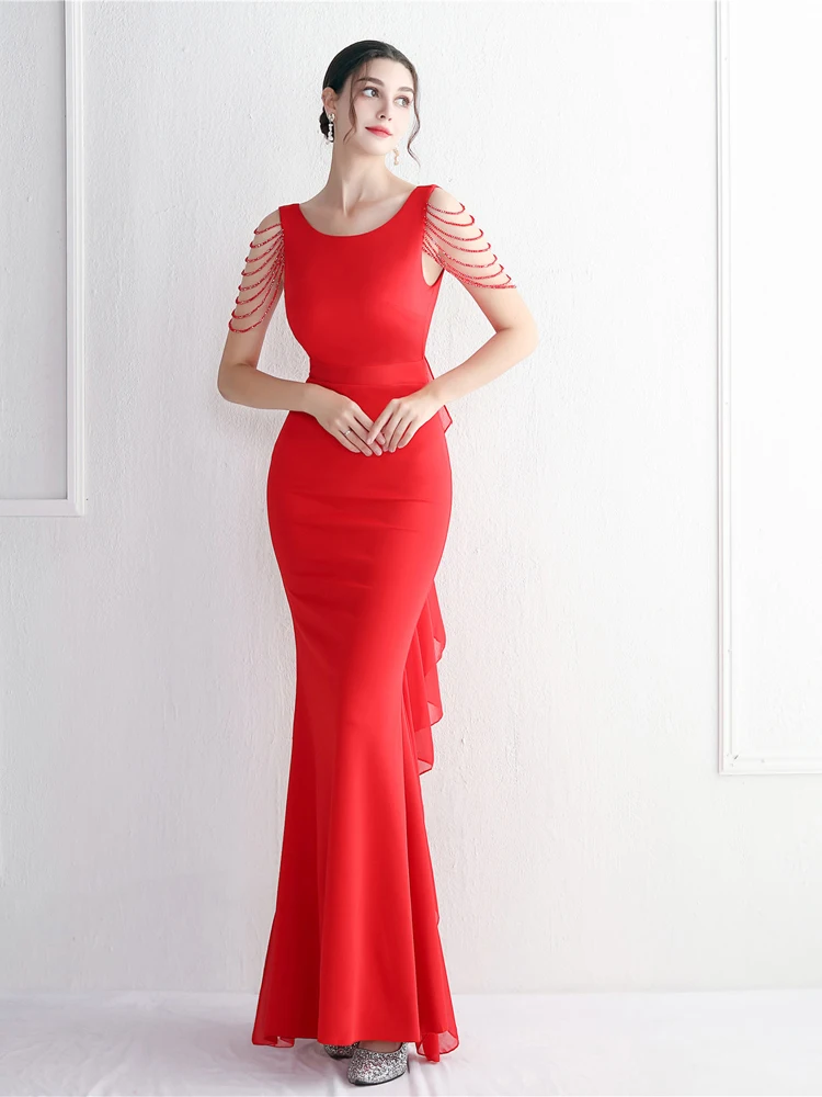 Chiffon Formal Dresses for Women on Wedding Beaded Banquet Luxurious Evening Dress Solid Color, Slim and Elegant for Party Host