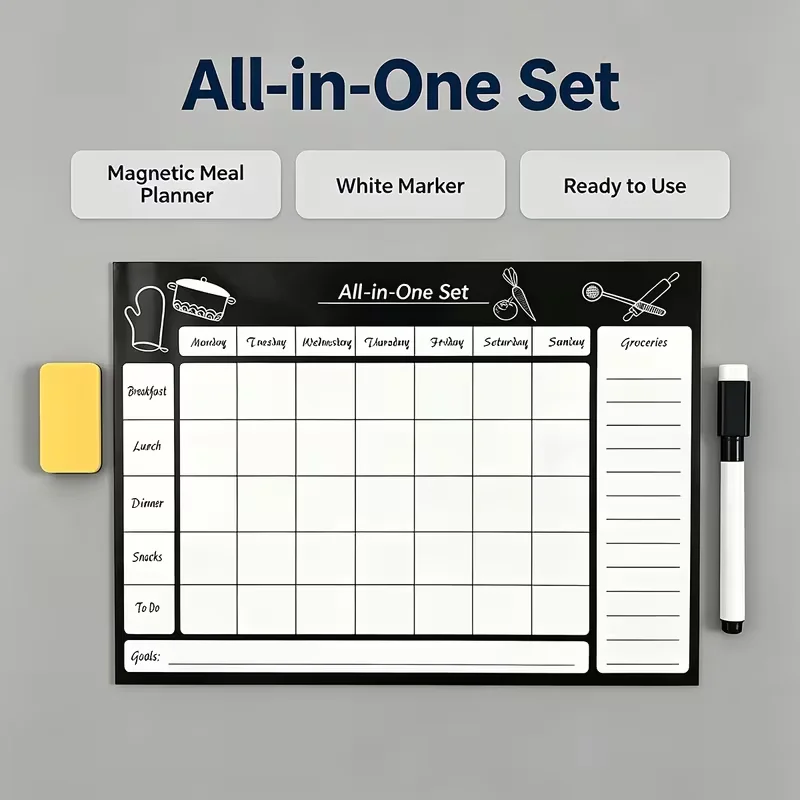Magnetic Weekly Meal Planner Dry Erase Board, Reusable Fridge Menu Planner with Grocery List for Kitchen