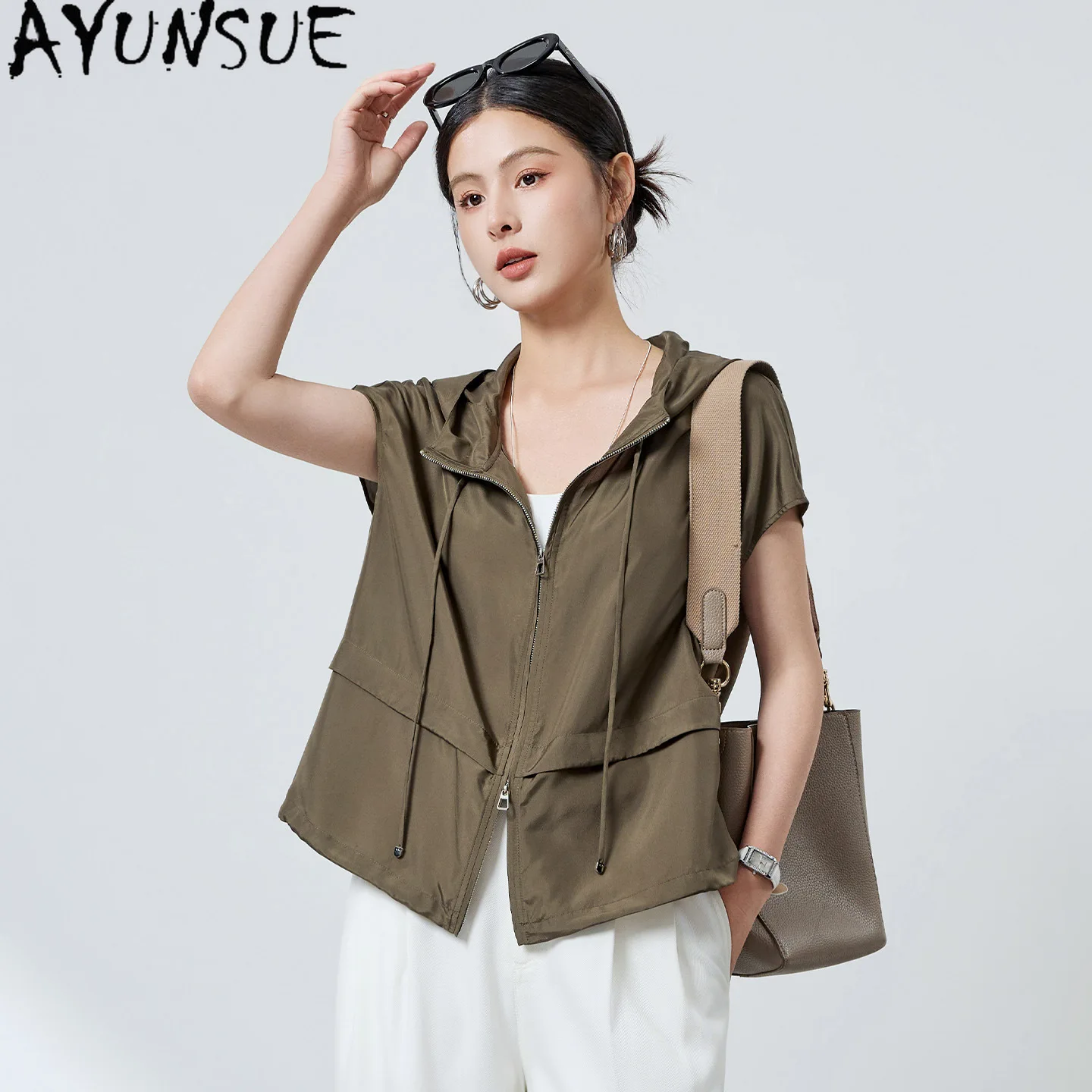 AYUNSUE Tops 100% de seda de morera auténtica para mujer, camisas con capucha y cremallera para mujer, camisetas de verano de manga corta para mujer 2026 Casaco Feminino