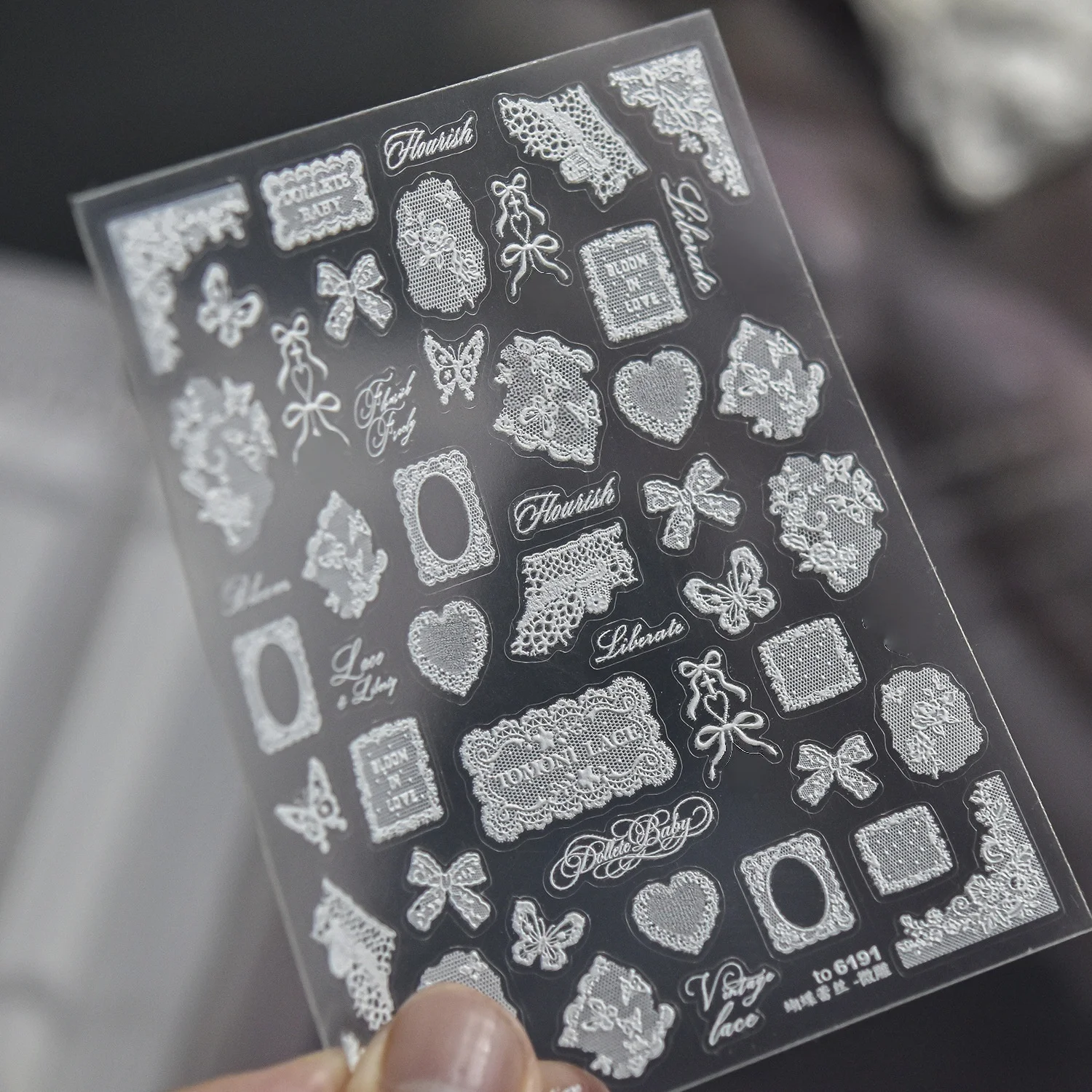 Elegant French 5D Nail Sticker Black White Lace Frame Bow Knot Cursive Text Heart Butterfly Self Adhesive Vintage Romantic Nail