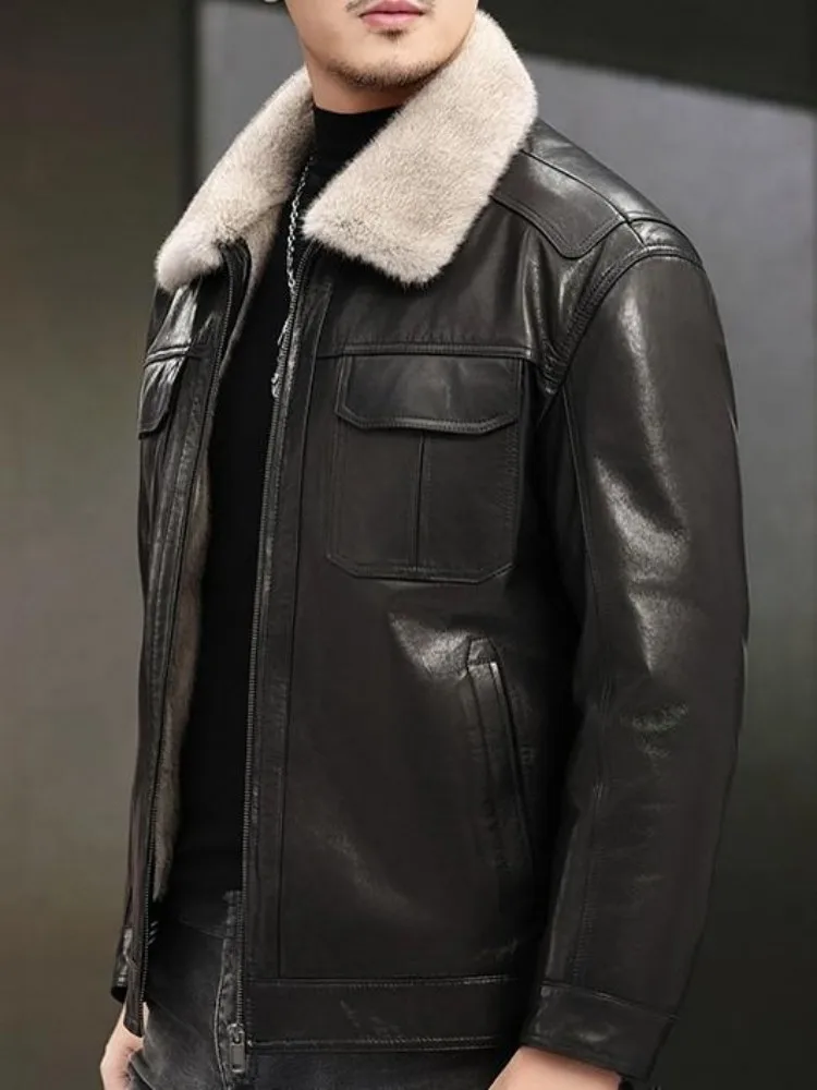 Fashion Leisure Zipper Turn Down Collar Genuine Leather Jacket Solid Color Pocket Slim Male Sheepskin Long Sleeves Outerwear - Image 4