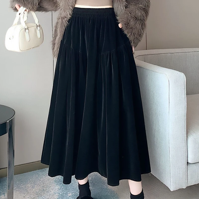 Black Velvet High-end Skirt 2025 Autumn Winter Fashion Simple Versatile Skirts Women's Daily Commuter High-waist A-line Skirt