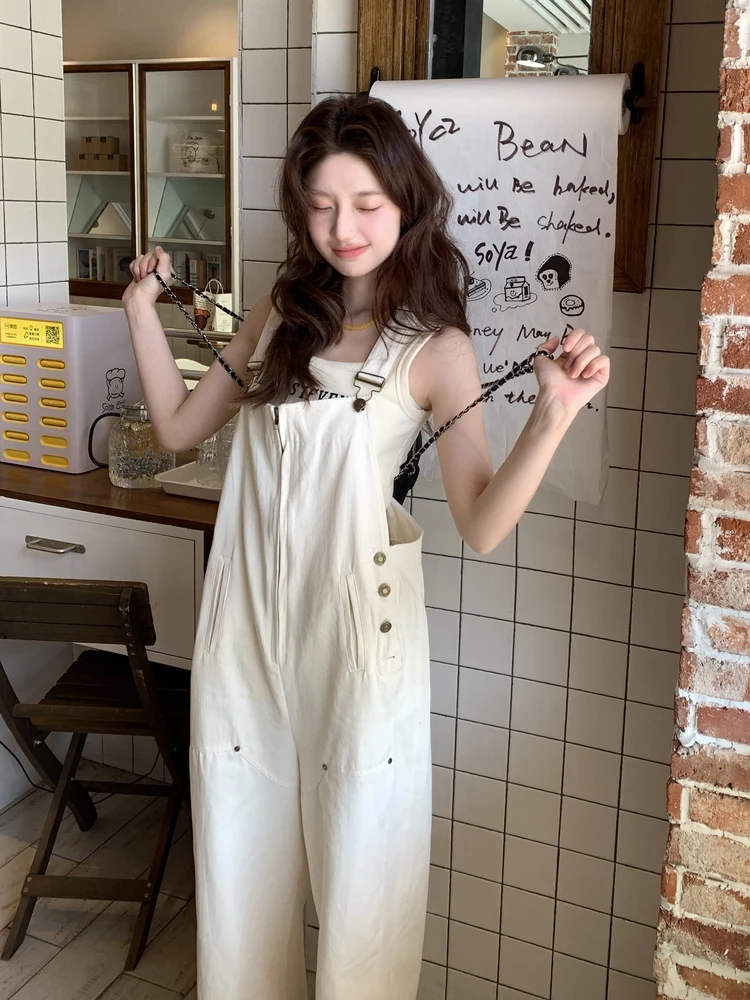 Koreańskie kombinezony damskie w stylu sle sweet cool, letnie, z wysokim stanem, szerokie nogawki, uniwersalne ubrania robocze, szykowny, modny kombinezon jednoczęściowy.