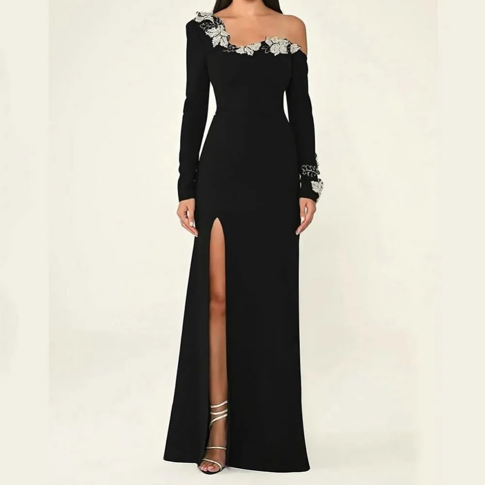 Customzied A-Line Prom Dresses Floor-length One-Shoulder Full Sleeve Evening Gown Fashion Flowers Side Split Draped Party Gown