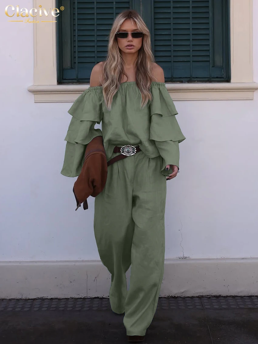 

Clacive Fashion Loose Green Cotton 2 Pieces Set For Woman 2026 Sexy Long Sleeve Shirt With High Waist Wide Pants Set Female