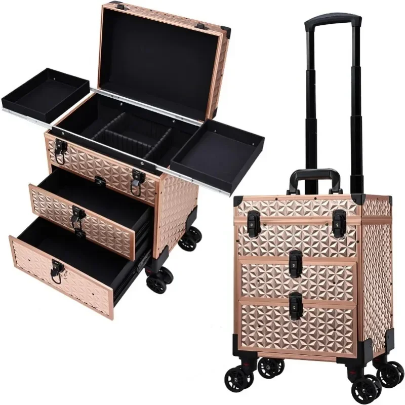 

l Makeup Case Aluminum Trolley Train Case with 360° Swivel Wheels for Makuep Artist Travel Cosmetic Organizer with Sliding Draw