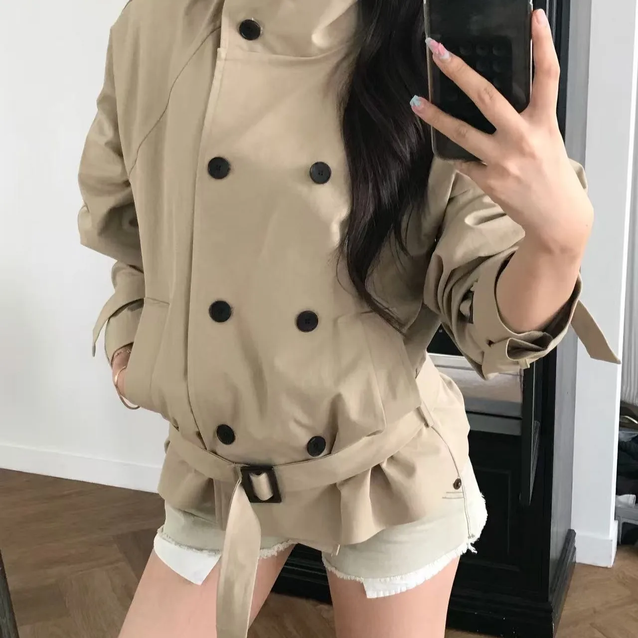 Korean Minimalist Style Women's Jacket Stand Collar Double Button Waist Belt Slimming Casual Small Size Outerwear