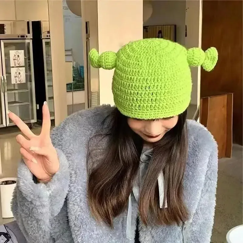 Gorros CyWinter para mujeres, hombres y niños, pasamontañas Monster Shrek, sombrero de lana, gorros de trompeta divertidos y creativos, gorro tejido a mano pura