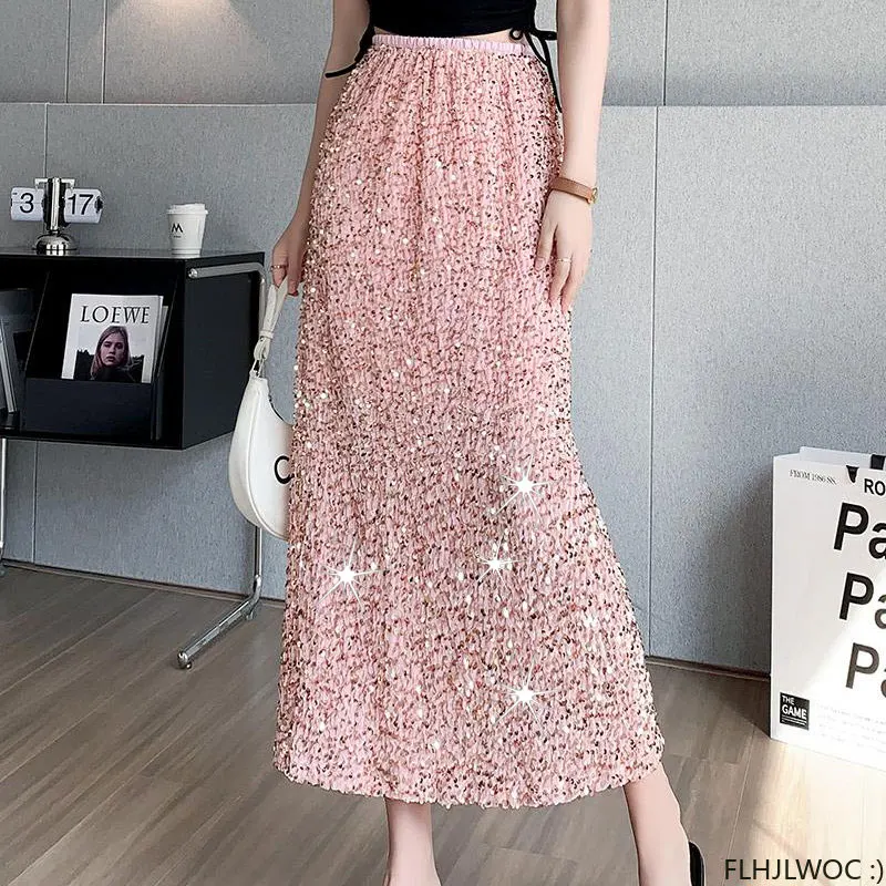 Bling Sequins Skirts Hot Sales New Design Chic Korea Fashion Women Office Lady Elegant Party High Waist Sexy Long Split Skirts