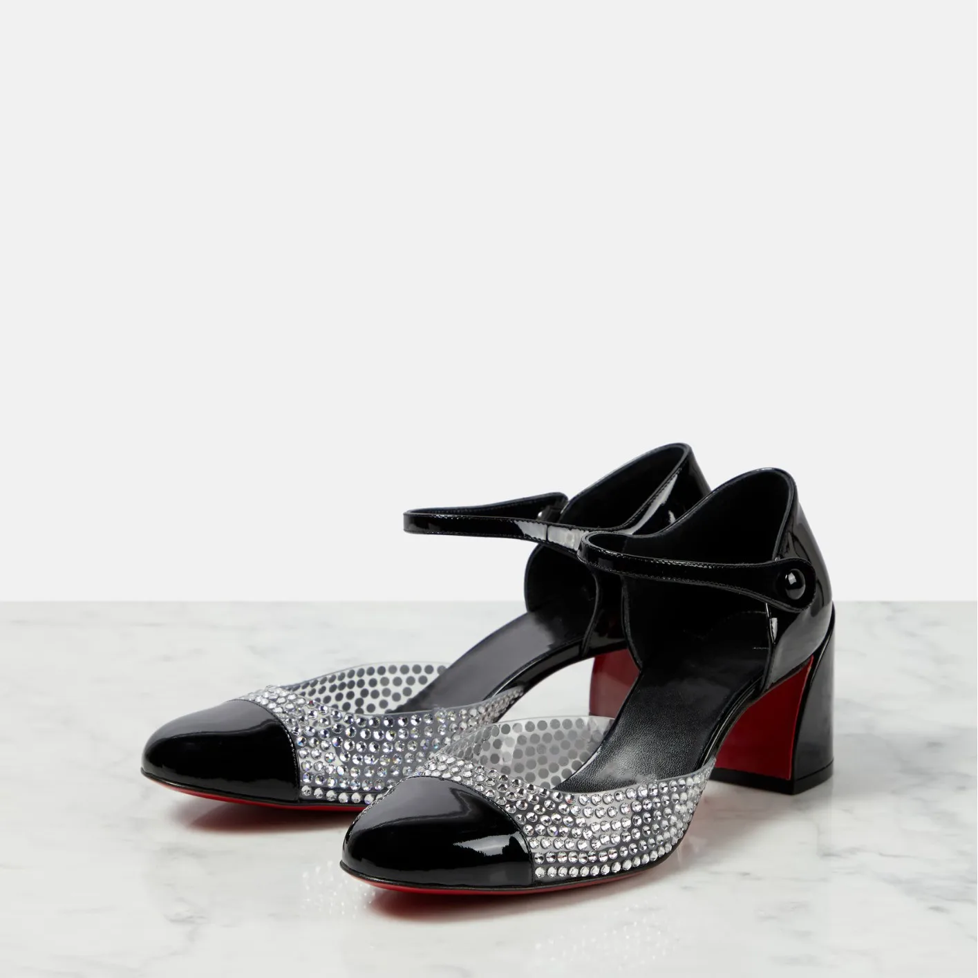 

British Style Round Toe Rhinestone Sequined Buckle Sandals Hollow Thick High Heel Mary Jane PVC Material Women Single Shoes