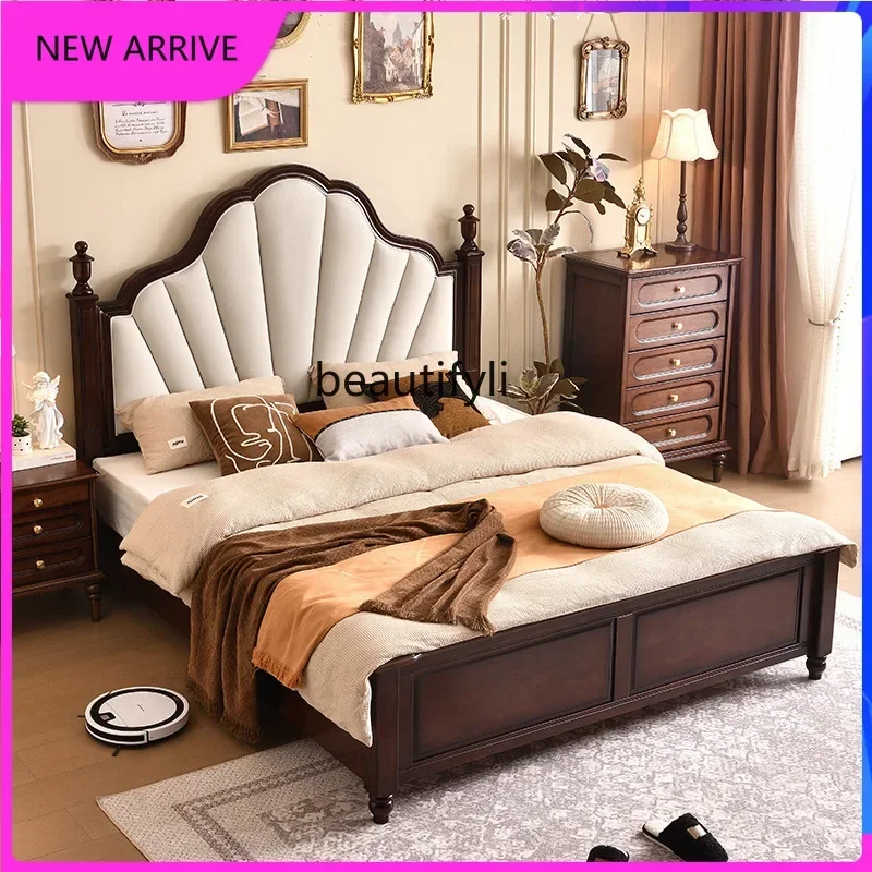 

54Medieval soft bag solid wood, double bed, retro fabric bedroom furniture