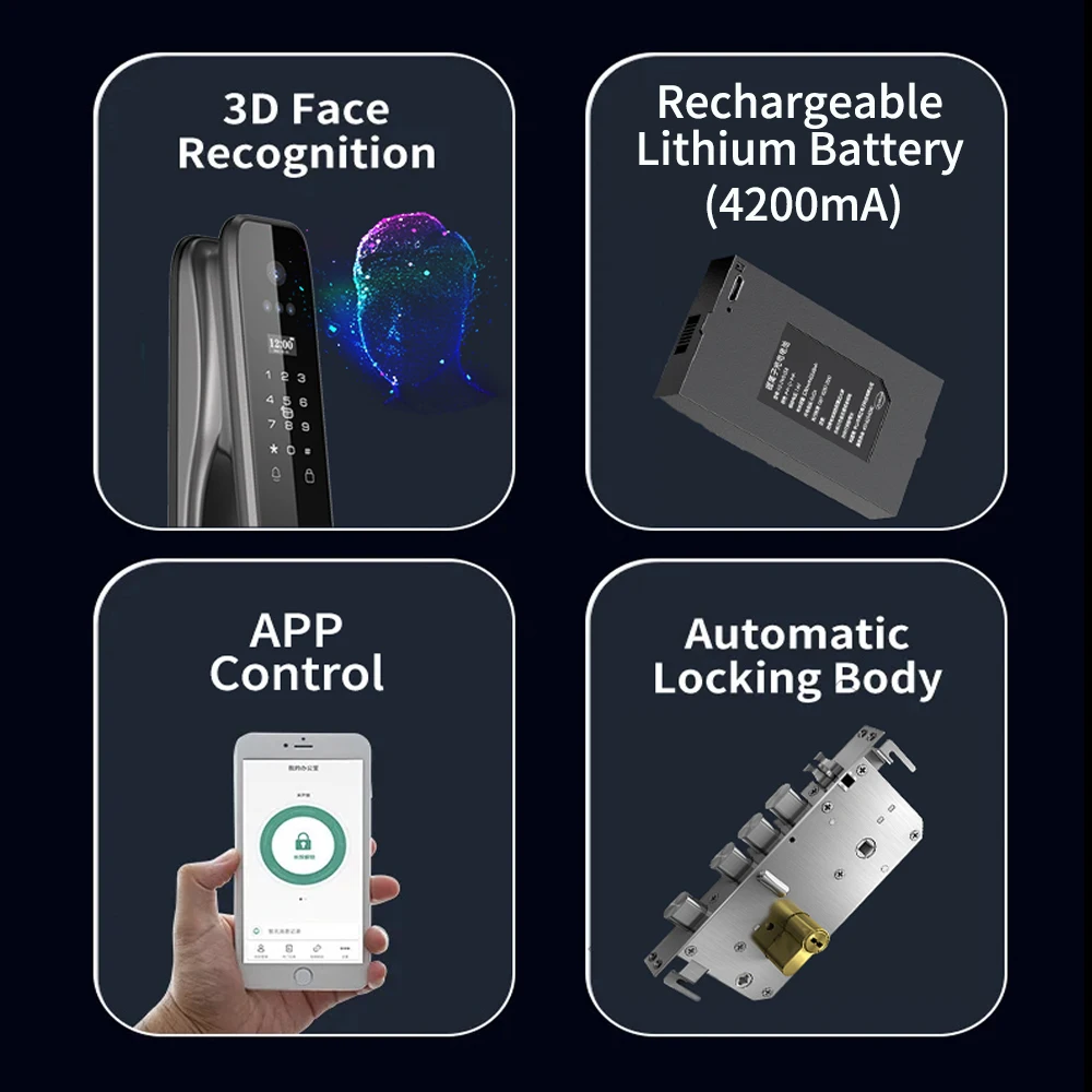 Imagem -04 - Phipulo-fechadura de Porta Inteligente com Câmera e Monitor Senha de Impressão Digital Inteligente Desbloqueio de Chave Eletrônica Biométrica Rosto 3d
