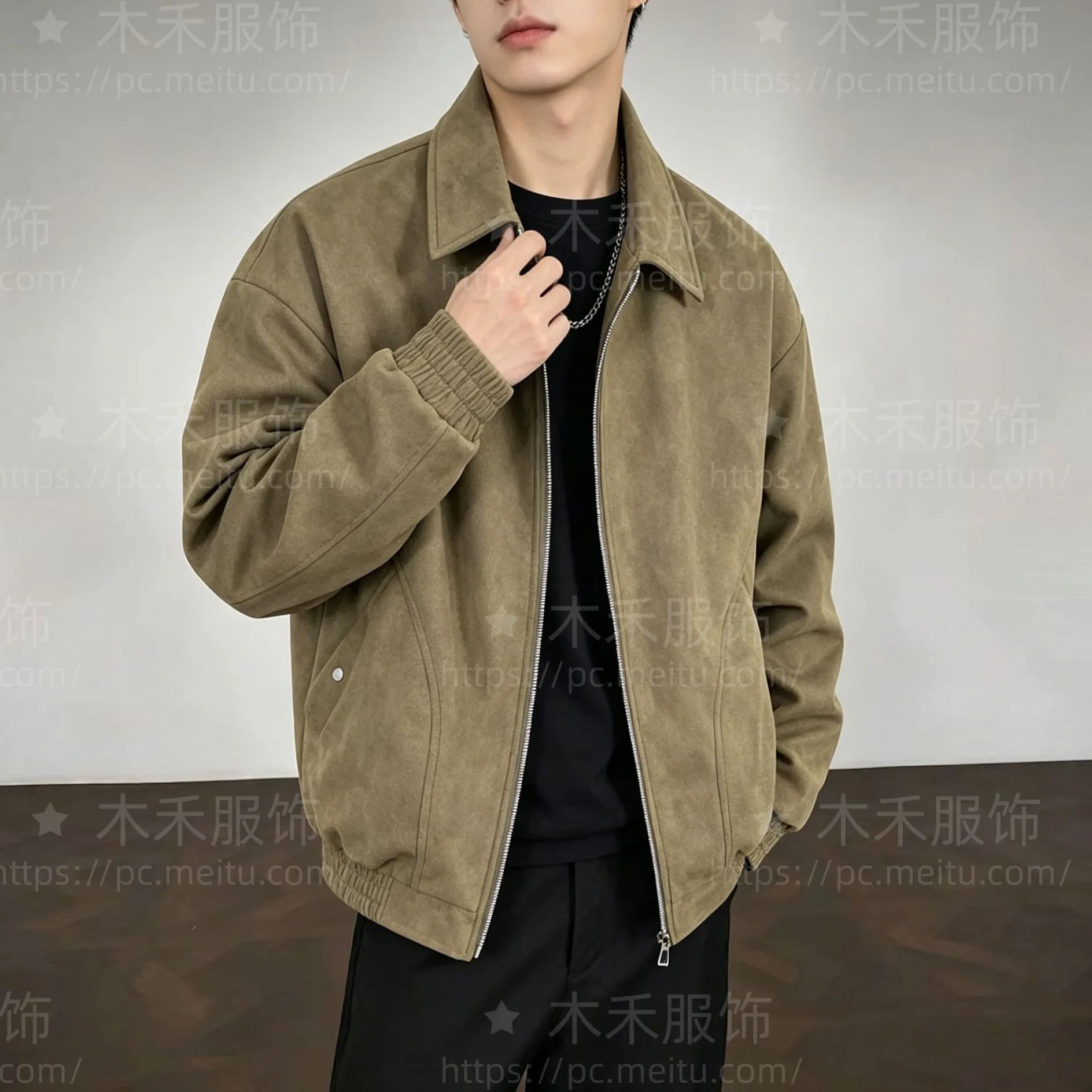 Leather Jacket Men's Tooling Leather Jacket Lapel Trendy Casual Retro Solid Color Textured Lapel Leather Jacket Men and Women