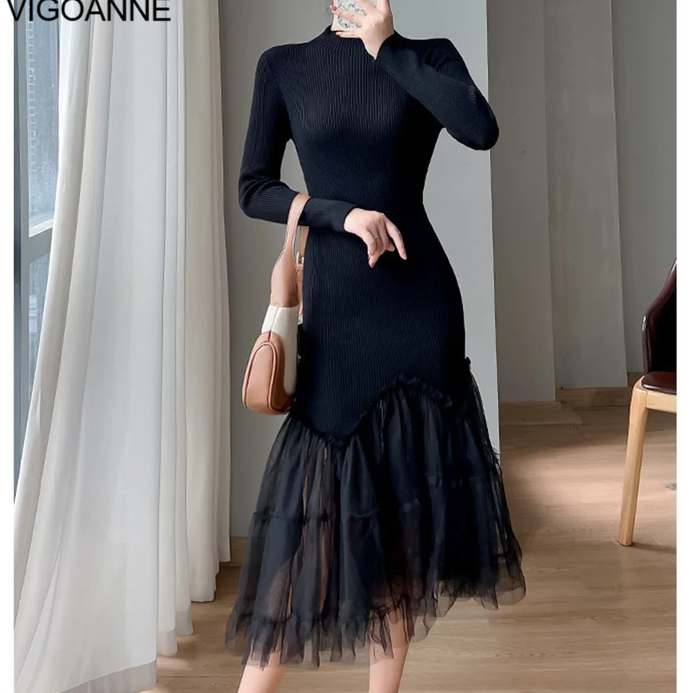 VigoAnne 2025 Woman Solid Long Sleeve Knit Dress Spring Autumn Mesh Mermaid Korean Dresses Lady Evening Party Tight Long Dress