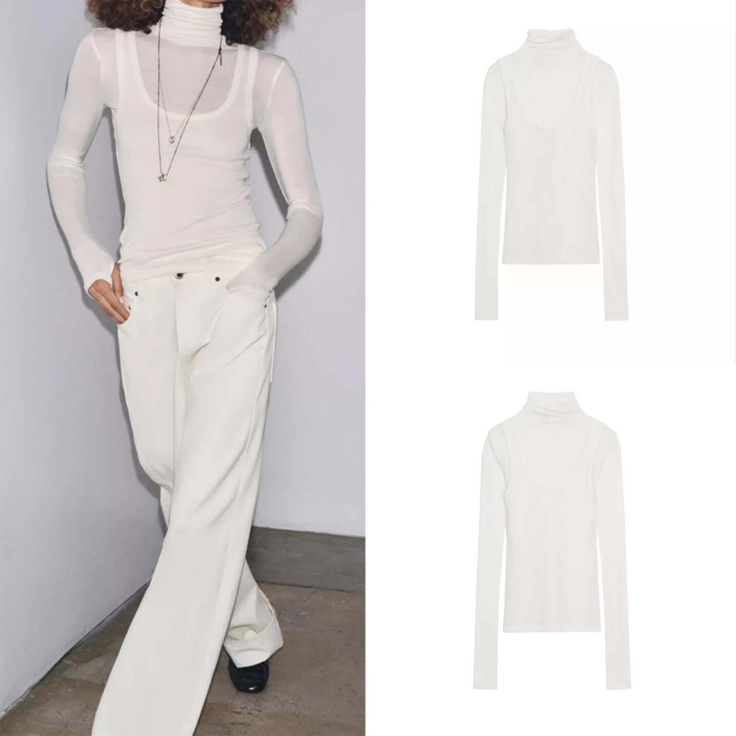 

Z Women's Faion Slim Fit High Collar Long Sve T-irt Mixed Yarn Layered Sle European Sle Knitted Top