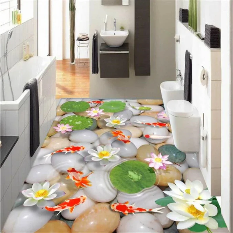 

Custom 3D Cubic Pebble Lotus Carp Wallpaper Living Room Bedroom stone Floor Painting Bathroom self-adhesive paper fish flooring