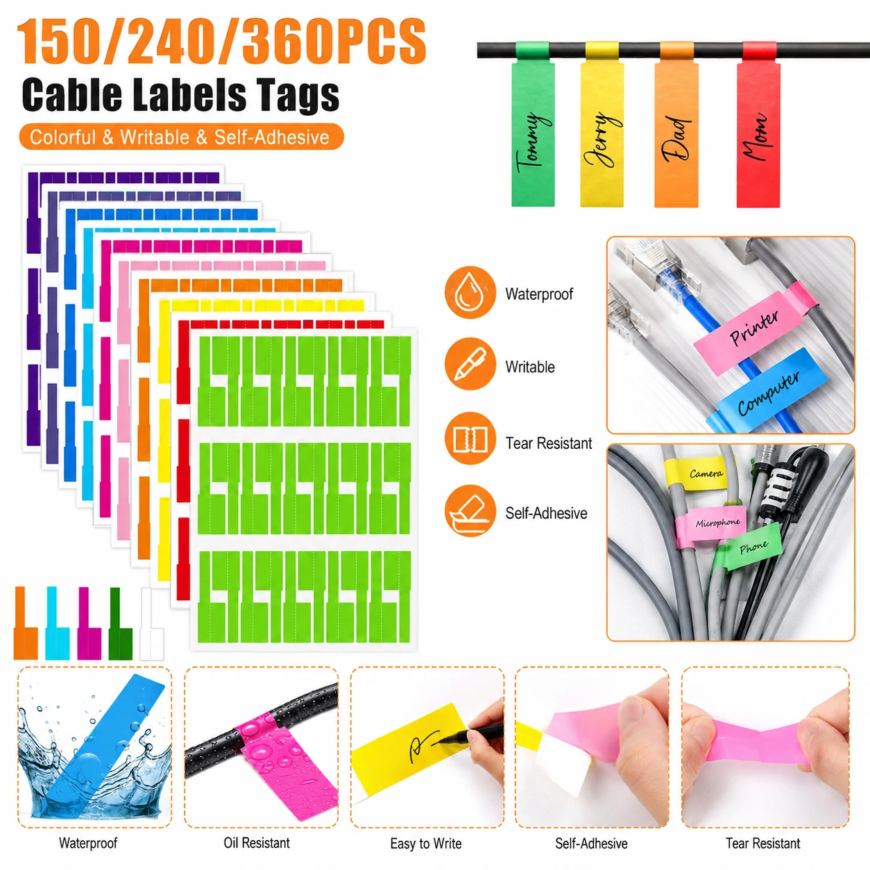 150-1080Pcs Colorful Self-Adhesive Wire Labels, Waterproof Cable Marking Tags Tear Resistant Stickers Fiber Cord Organizer