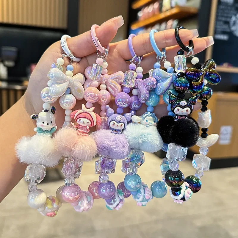 

Cute Sanrio Hello Kitty Melody Hairball Phone Chain Keychain Camera Pendant Kuromi Hand Drawn Beaded Kawaii Bracelet Key Chain