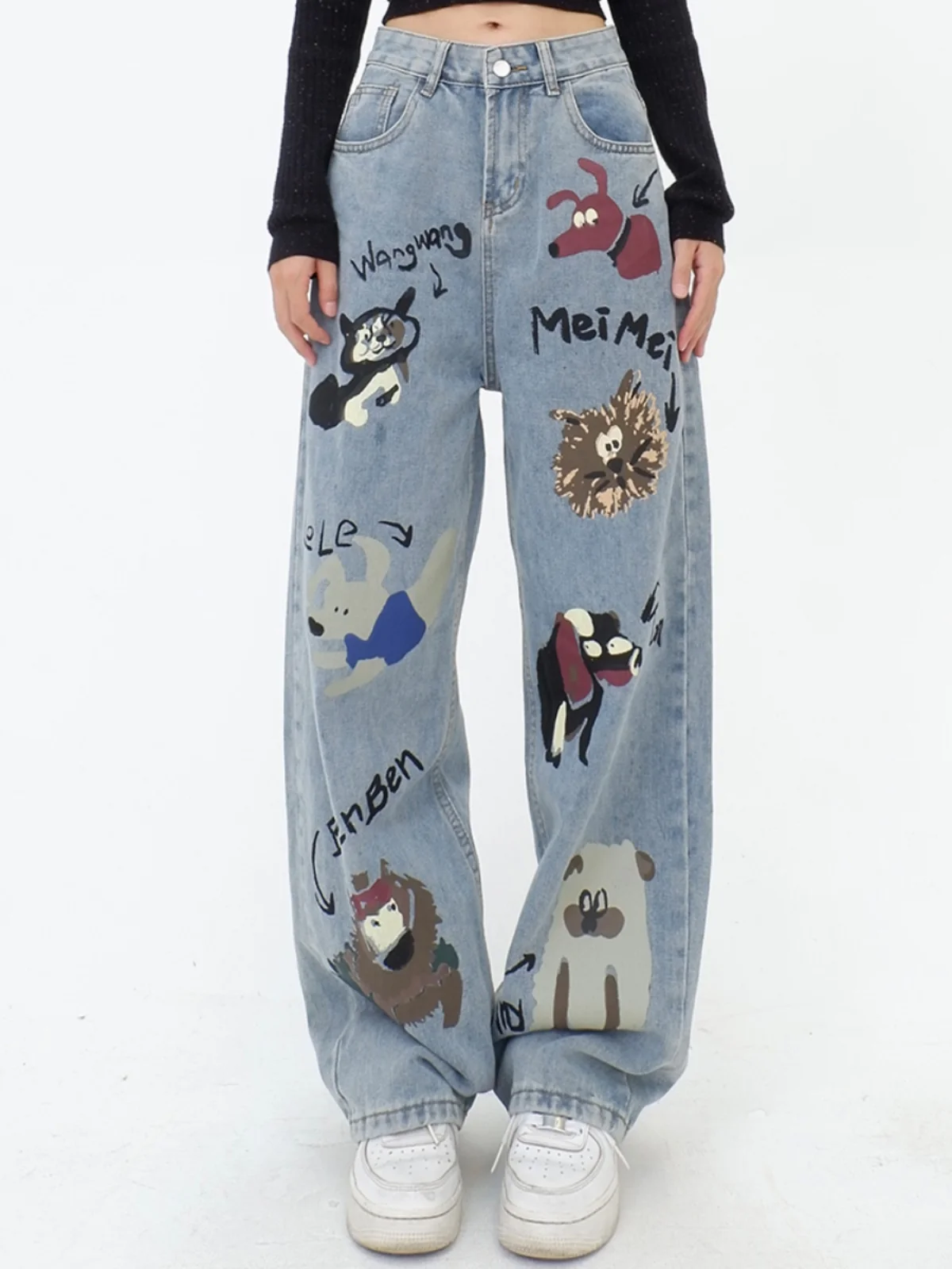 

Graffiti Printed Washed Denim Jeans Women in Autumn and Winter 2024 New Style High Street Spicy Girls Show Slim and Wide Legs