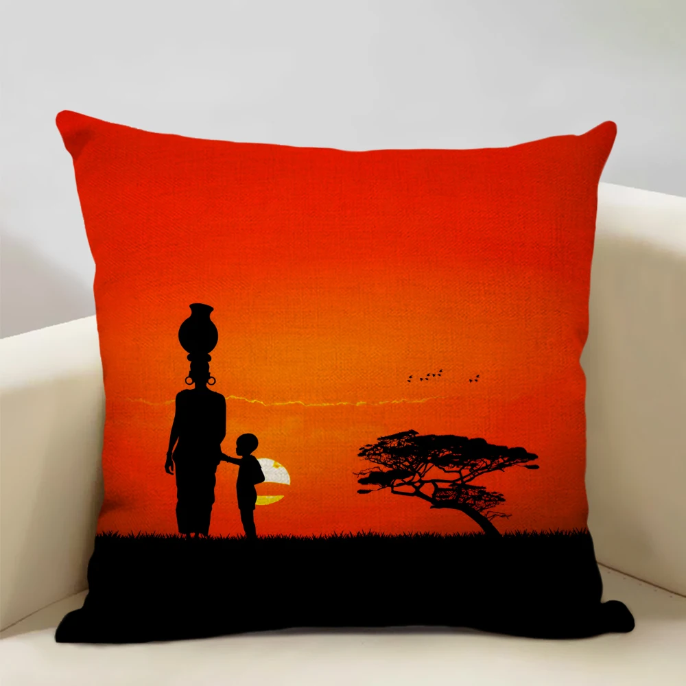 Sunset Africa Landscape People Decorative Cushion Cover Animals Elephant Giraffe Scenic Home Decor Art Throw Pillow Case Linen