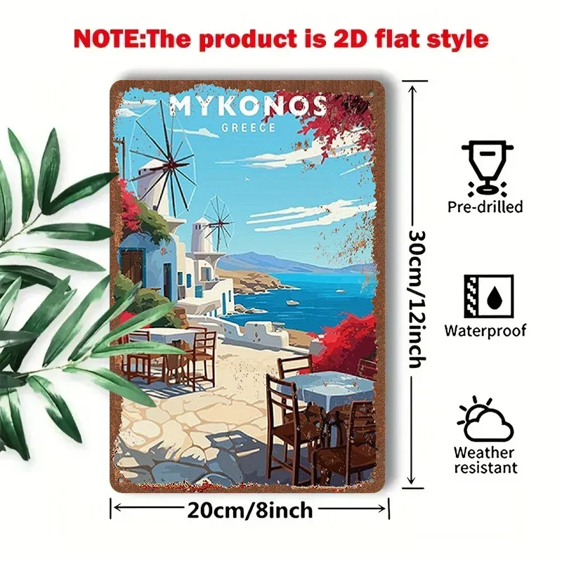 2D Flat - 1pc 2D[Flat] Metal Sign Greek Mykonos Island Landscape Tin Painting, 8X12 Inches/20X30 Cm, Depicting Charming Views of